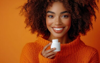 A stunning close-up of a beautiful Black woman with curly hair and a happy smile, holding a small white bottle of skin care product. 