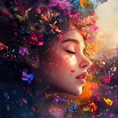 Canvas Print - Dreamy Woman Surrounded by Flowers - Digital Art