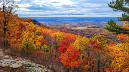 A breathtaking view from a mountain peak overlooking a valley filled with vibrant fall colors.