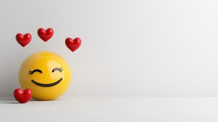 A large, bright yellow smiling face emoji with gently closed eyes and three red hearts floating around it on a clean white background. The emoji features clear, bold lines, ideal for digital and print