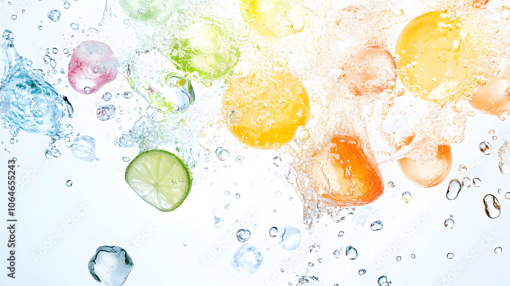 Fresh fruits and ice splash in vibrant colors, creating refreshing ...