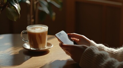 A close-up view of a woman's hand holding a smartphone at a cafÃ© table, capturing a moment of leisure as she browses, with soft shadows and warm colors creating an inviting atmosphere for lifestyle b