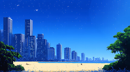 Pixelated cityscape with beach and a couple sitting on the sand.