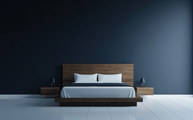 modern bedroom interior design with a bed and nightstand near a dark blue wall background. Minimal style hotel room with a white floor, navy wallpaper, and a wooden headboard