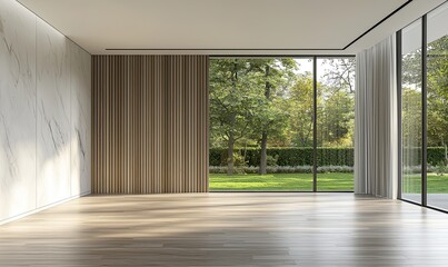 modern, empty room with a white wall and wooden floor. Minimal home interior design of a living space mock-up, with a panoramic window view to the garden landscape outside the glass door