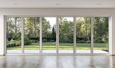 modern, empty room with a white wall and wooden floor. Minimal home interior design of a living space mock-up, with a panoramic window view to the garden landscape outside the glass door. A blank temp