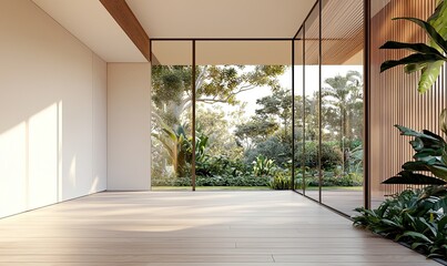 modern, empty room with a white wall and wooden floor. Minimal home interior design of a living space mock-up, with a panoramic window view to the garden landscape outside the glass door