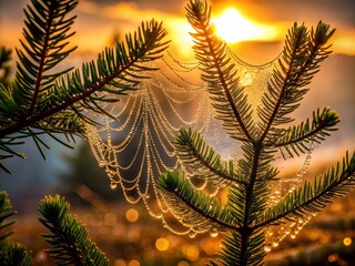 Canvas Print - Captivating Silhouette of a Coniferous Tree Adorned with Dew-Dropped Cobwebs in Macro Photography – Nature's Intricate Details Highlighted at Dawn