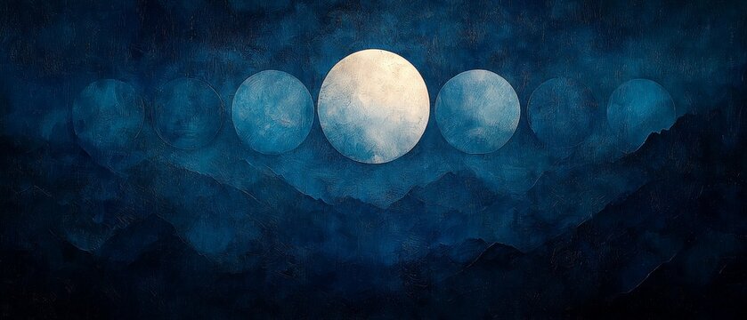 A serene depiction of lunar phases over a misty mountain landscape.