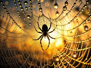 Canvas Print - Captivating Spider Silhouette on a Dewy Web with Sharp Background - A Stunning Close-up of Nature's Intricacies Captured in Silhouette Photography