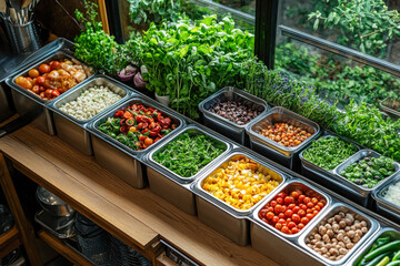 Fresh organic vegetables and herbs displayed in metal containers near window