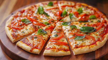 Freshly baked margherita pizza with basil and tomatoes on wooden board