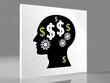 © Pakkarada - Silhouette of a head with gears and dollar signs, white isolated background.