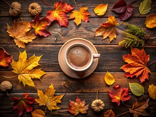 Sticker - Cozy Autumn Vibes: A Top-View Drone Photography of a Cup of Cocoa Surrounded by Autumn Leaves on a Rustic Brown Background Perfect for Seasonal Relaxation and Warmth