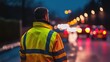 © Tadeusz - Male construction worker in a reflective jacket overseeing traffic at night.