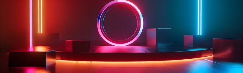 Wall Mural - Podium background 3D light tech stage future platform game abstract. Podium 3D background technology room product circle glow effect portal stand studio scene white design ring modern display space. 