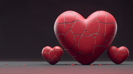 Cracked red hearts on a dark background