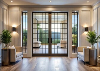 Wall Mural - Elegant Double Doors with Glass Panels Showcased in a Minimalist Interior, Ideal for Modern Architectural and Design Concepts, Highlighting Clean Lines and Sophisticated Aesthetics