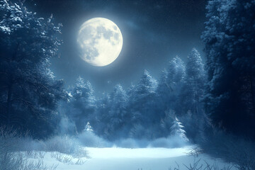 wonderful forest covered with snow, full moon night winter season.