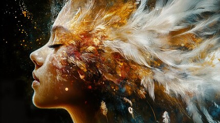 Poster - Dreamy Woman with Feathers: Abstract Fantasy Portrait