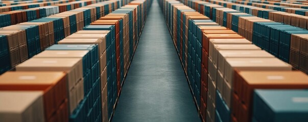 Aerial perspective of a vast distribution center showcasing rows of shelves and organized logistics for efficient storage handling and transportation of goods and merchandise