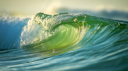 Surging green ocean waves reflect sunlight at dawn on a tranquil beach