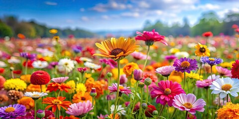 Wall Mural - Field of colorful flowers in full bloom during springtime, nature, garden, flora, outdoor, spring, vibrant, meadow, beauty