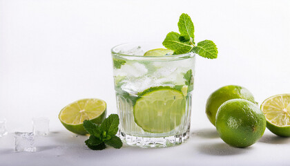 Mojito cocktail with lime and mint in highball glass on a grey stone background Copy space