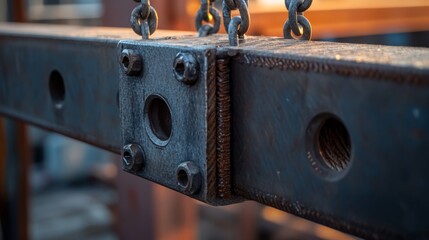 Wall Mural - A close-up view of a metal beam joint secured with chains, showcasing robust construction and industrial design.