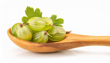 Wall Mural - Green ripe gooseberries in a wooden spoon isolated on white background. ai generated