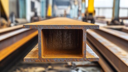 Wall Mural - A close-up of an industrial steel beam, showcasing its hollow structure and rusty surface in a factory setting.