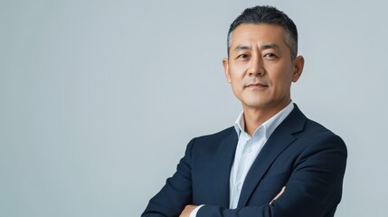 Confident Asian man in his 50s wearing a business suit with arms crossed, expressing determination and professionalism in a neutral background.