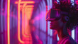 © master graphics  - woman wearing a virtual reality headset is fully absorbed in a stunning VR environment with vibrant, futuristic visuals