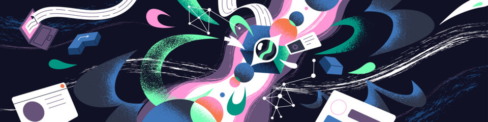 Neural networks concept banner. Machine learning and modern technology. Emerging of artificial intelligence, neuron tech. AI analysis of information, cyber engineering. Flat vector illustration
