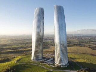 Two modern skyscrapers with reflective glass exteriors in a green landscape.