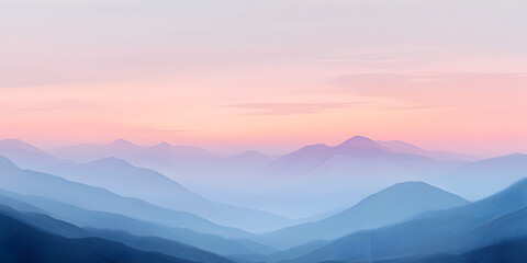 Poster - Serene Mountain Panorama: A soft, ethereal landscape captured at dawn, showcasing the majestic silhouette of mountains bathed in a tranquil, pastel-hued light.  The image evokes a sense of peace.