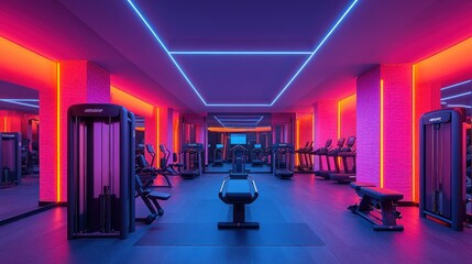 Modern, brightly lit gym with bold graphic branding on the walls and a range of cutting-edge fitness machines.