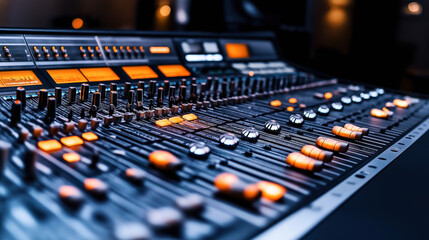 Close-up of an audio mixing console with illuminated buttons and sliders in a recording studio setting