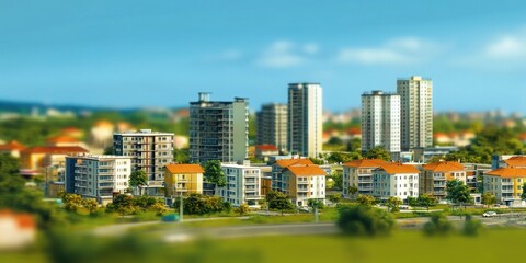  A cityscape featuring modern high-rise buildings and residential areas under a clear sky.