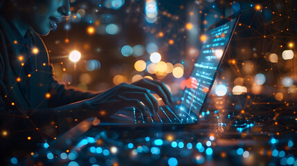 Big data, digital technology, internet network connection, futristic technology background. Man using mibile phobe and laptop and smart city