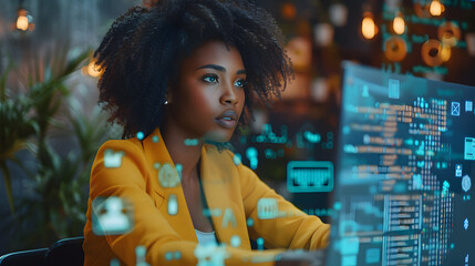 Black woman working in office and digital data concept. Digital transformation