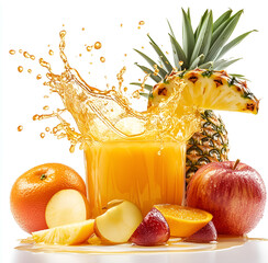 splash of tropical fruit juice with pineapple, orange, and apple slices on a white background