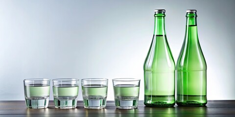 render of isolated Korean soju bottles and glasses alcohol beverage, soju, Korean, bottles, glasses, isolated