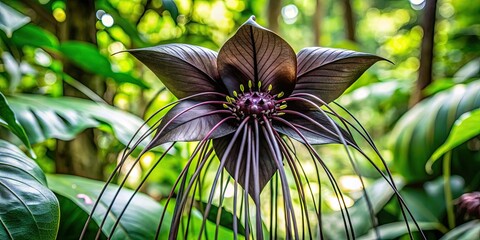 Unique black bat flower blooming in tropical forest setting, tropical, wild, exotic, plant, blossom, dark, mysterious, nature