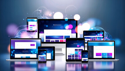 ウェブサイト開発の未来を象徴するレスポンシブデザインが多様なデバイスで展開する。生成AI