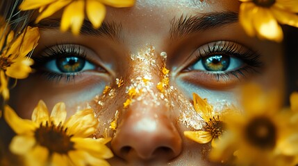 Wall Mural - Close Up Portrait of a Woman with Yellow Flowers