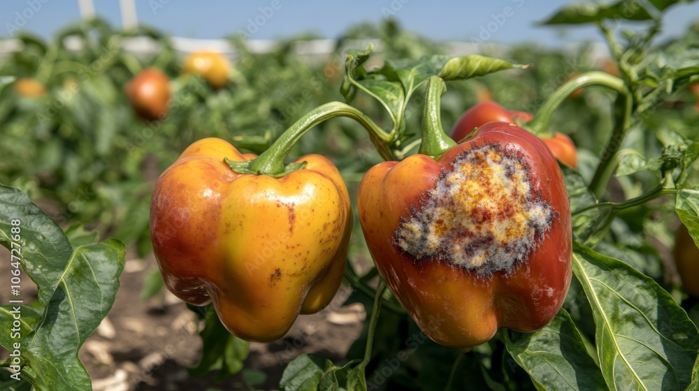 Issue Is Ripe Diseased ripe bell peppers growing in a pepper plantation capturing the ...
