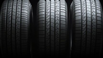 New car tires with tread detail on a black background ideal for seasonal tire replacement and vehicle maintenance themes