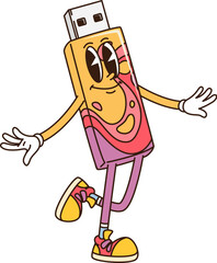 Poster - Cartoon groovy computer flash drive retro character. Isolated vector Usb flash drive funky y2k personage with expressive eyes, exuding a lively and playful vibe, as it cheerfully smile in playful pose
