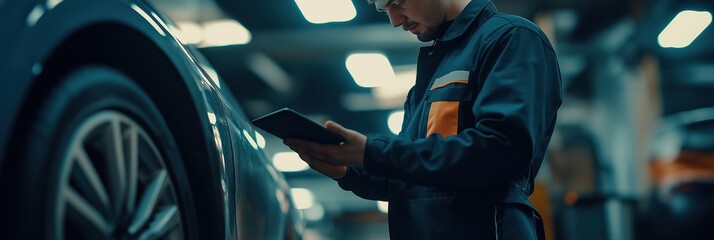 Wall Mural - A man in a blue jacket is looking at a tablet while standing next to a car. He is likely a mechanic or technician, as he is examining the car's tires. Concept of focus and concentration